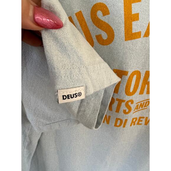 Deus Ex Machina Graphic Tee Light Blue Moto T-Shirt Size L - Picture 5 of 6